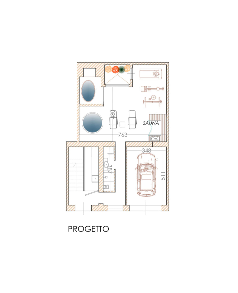 Floor plan of Hill House palazzo spa and garage with labeled rooms on a white background