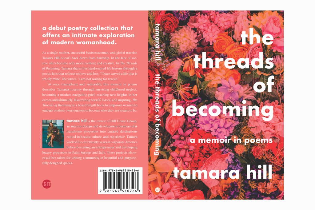 Book cover of 'The Threads of Becoming' by Tamara Hill with floral design and text on a pink background